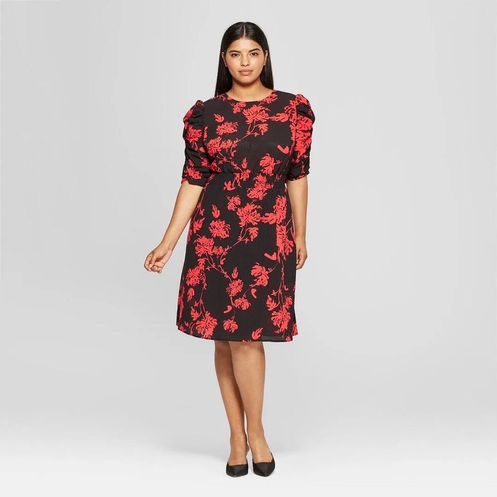 Who What Wear Black & Red Floral Print Ruched Sleeve Smocked Waist Midi Dress